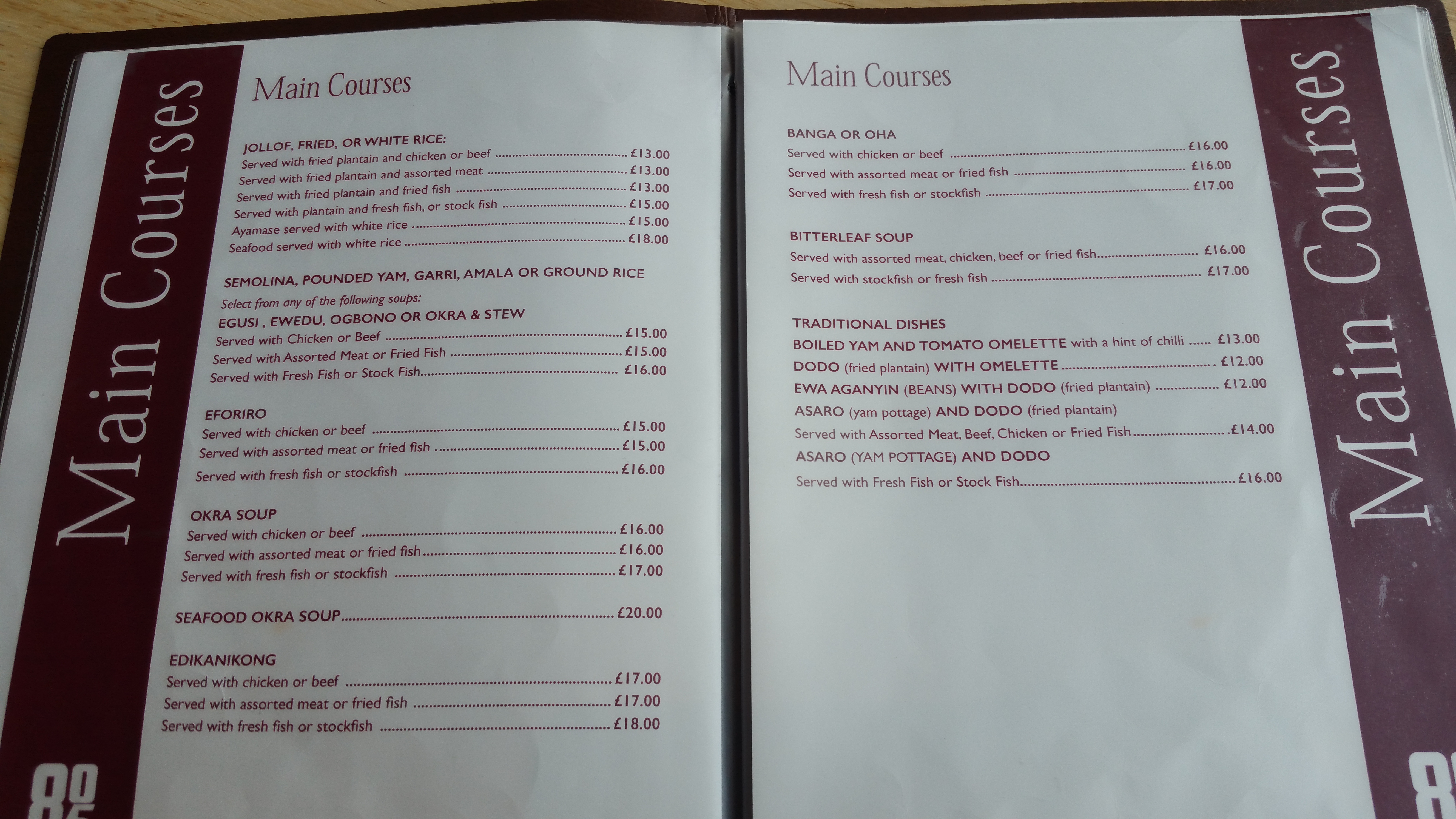 805 Menu and price list