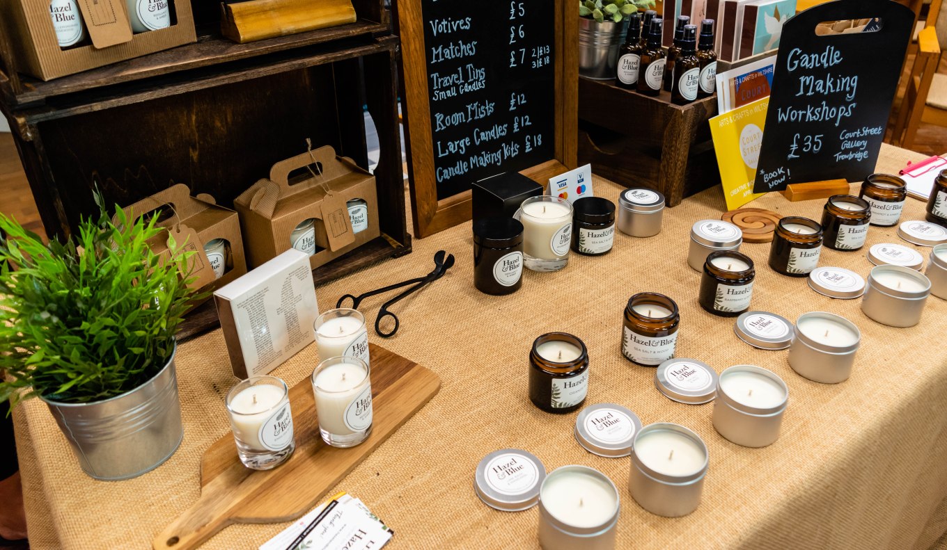 Hazel and Blue Candles Stand in Trowbridge Weavers Market: Natural soy wax candles