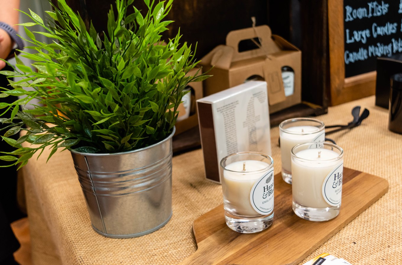 Hazel and Blue Candles Stand in Trowbridge Weavers Market: Natural soy wax candles