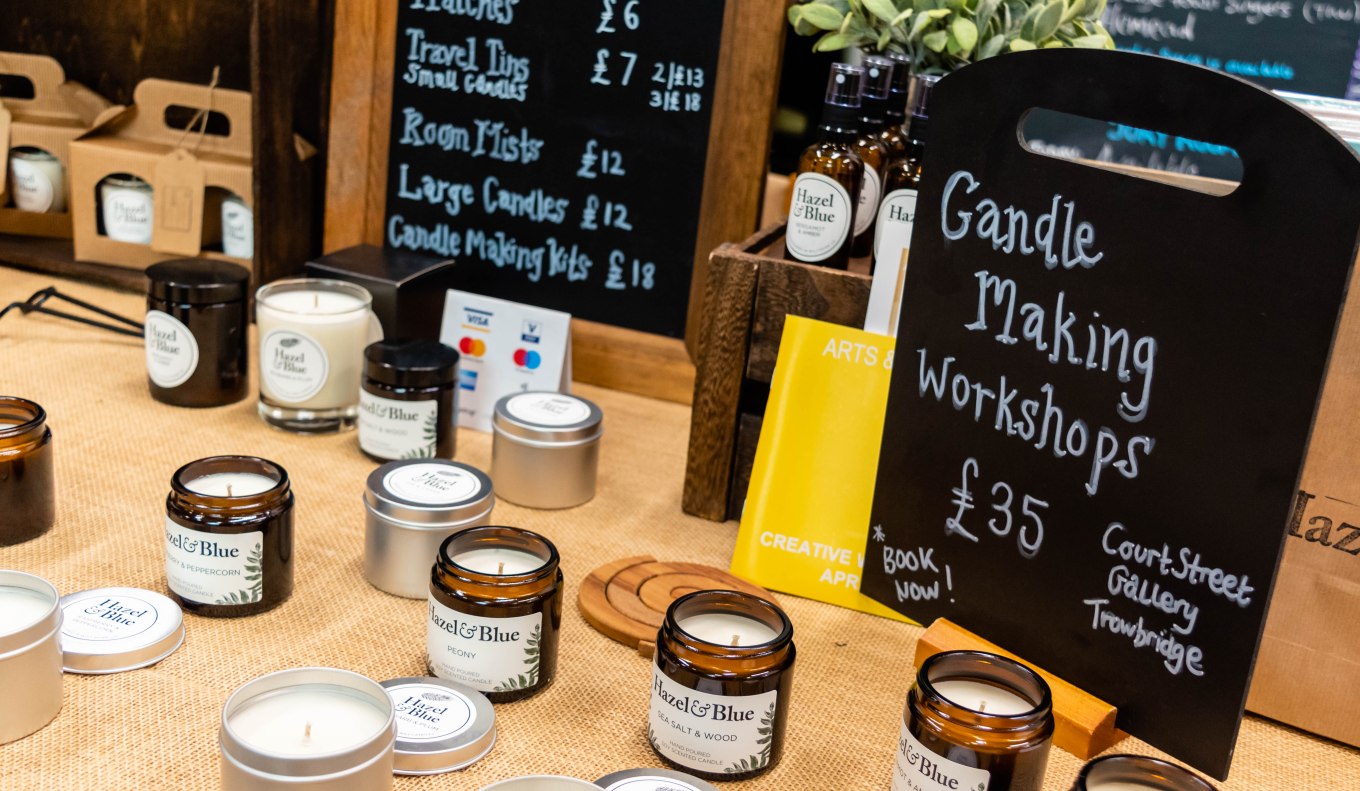 Hazel and Blue Candles Stand in Trowbridge Weavers Market: Natural soy wax candles