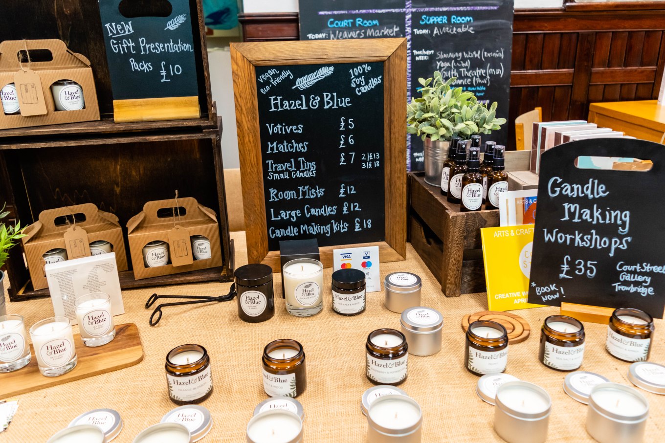 Hazel and Blue Candles Stand in Trowbridge Weavers Market: Natural soy wax candles