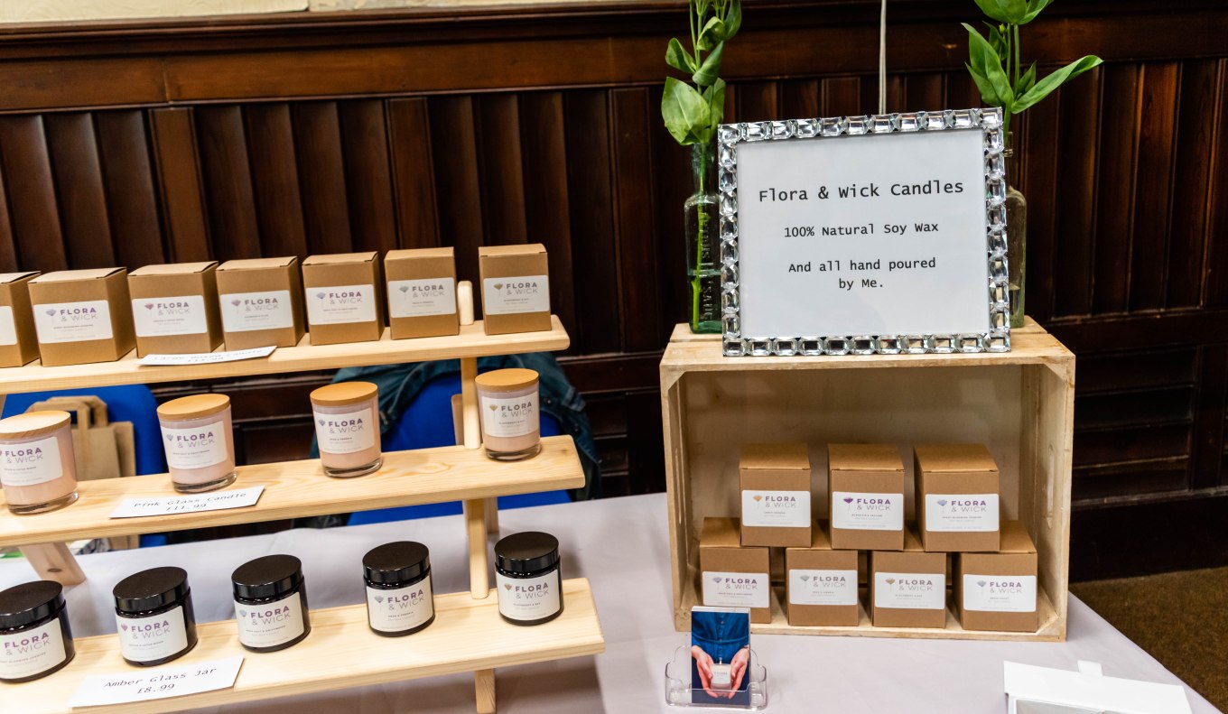 Flora & Wick Candles Stand in Trowbridge Weavers Market: Luxury hand-poured soy wax candles